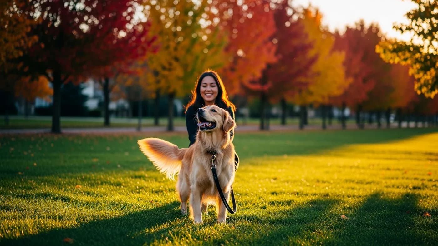 Happy dog being walked in a park